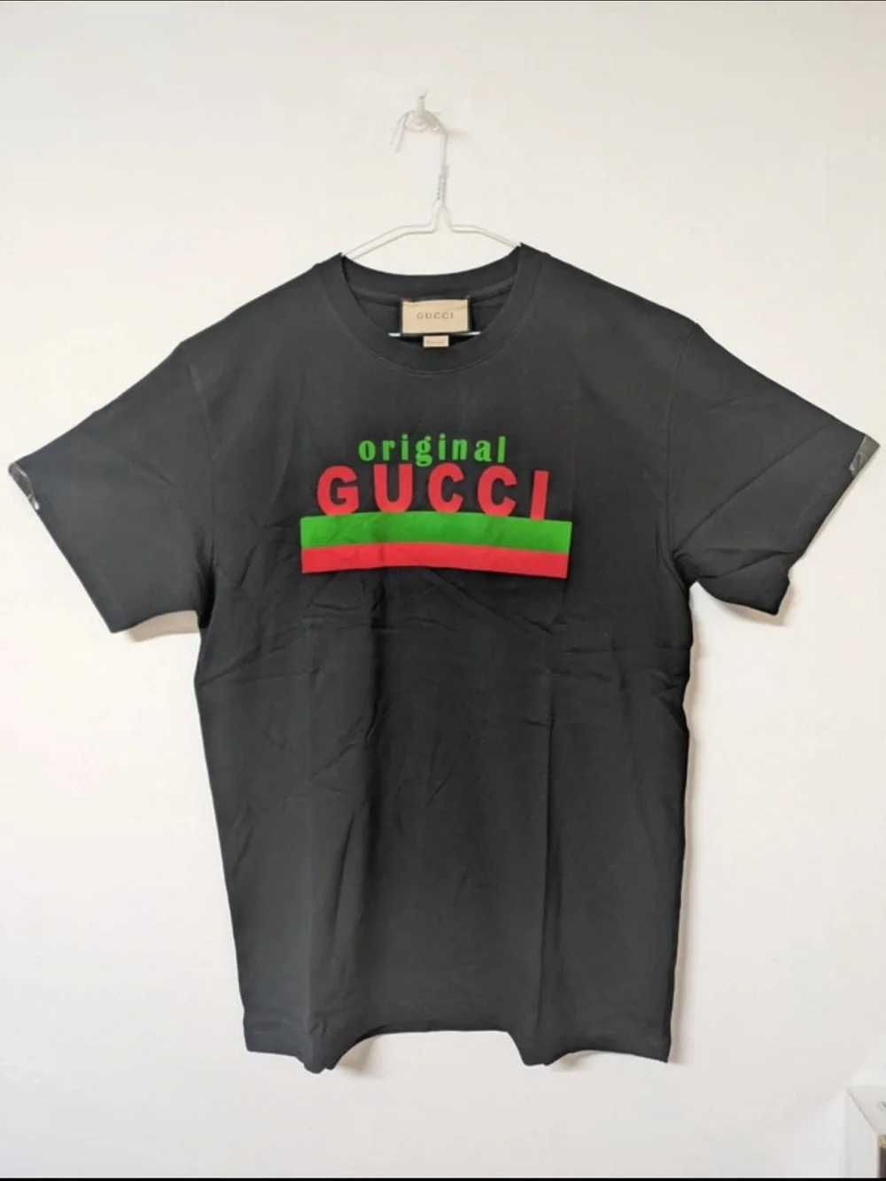 Gucci Black Tee with Red Logo and Green Stripe